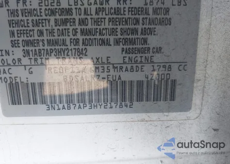 2017 Nissan Sentra Sr z USA, uszkodzony, nr VIN 3N1AB7AP3HY217842